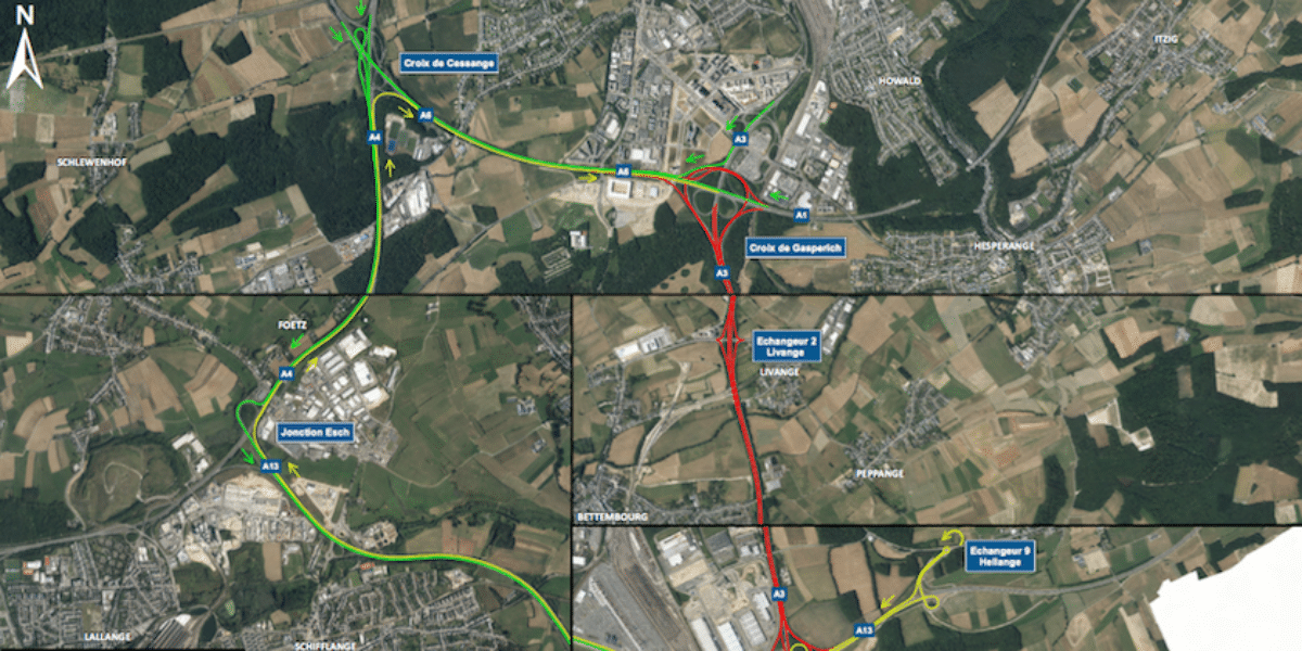 Chantiers sur l’autoroute A3 entre la croix de Gasperich et la croix de Bettembourg