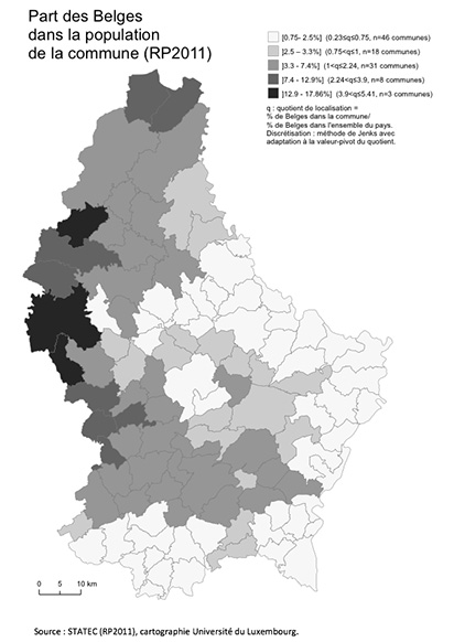Carte avec part des Belges dans la population des communes du Luxembourg