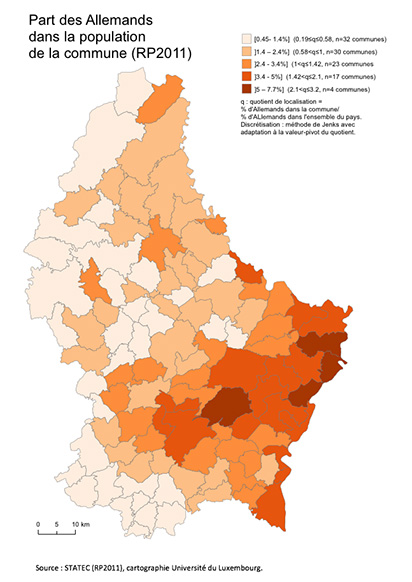 Carte avec part des Allemands dans la population des communes du Luxembourg
