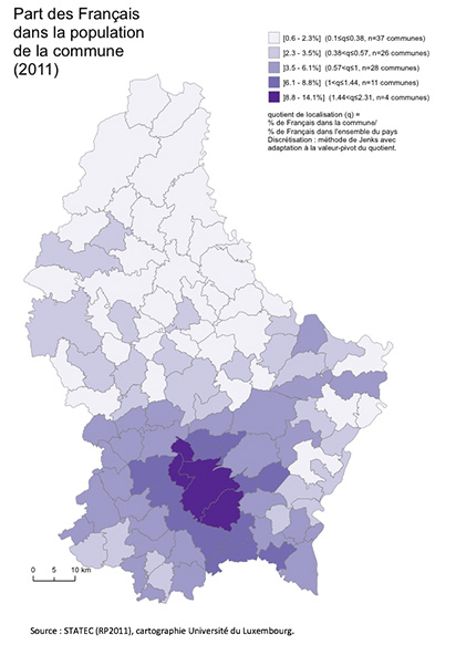 Carte avec part des Français dans la population des communes du Luxembourg
