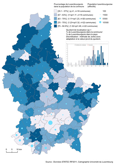 Carte avec part des Luxembourgeois dans la population des communes du Luxembourg