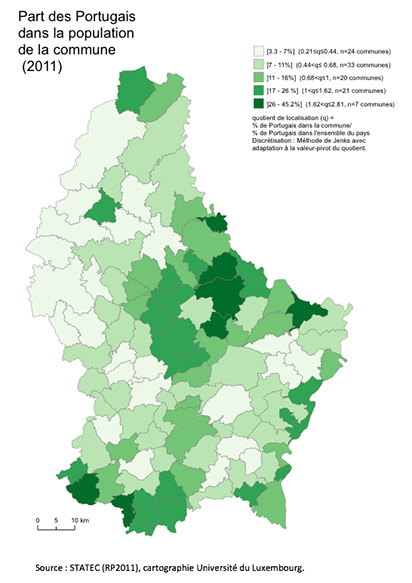 Carte avec part des Portugais dans la population des communes du Luxembourg
