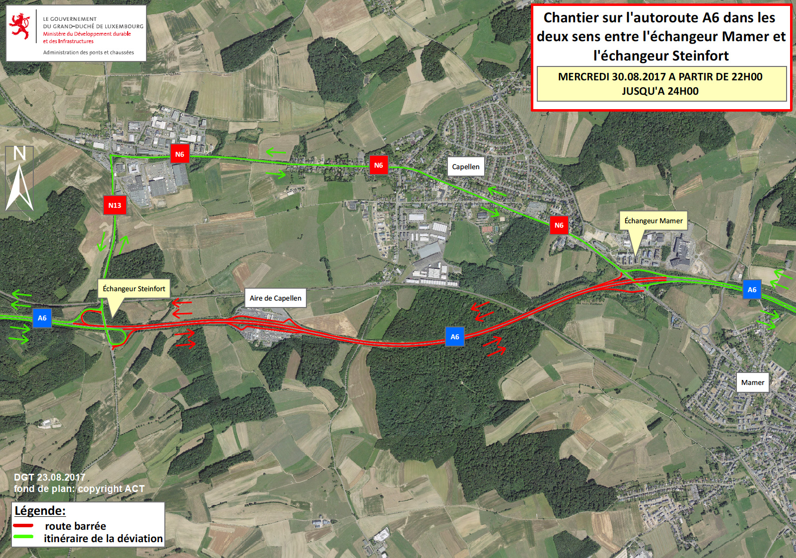 Plan de déviation du chantier sur l'A6 entre Mamer et Steinfort