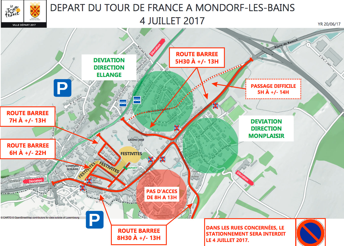 Plan des routes fermées et des dviations pour le départ de la 4e étape du Tour de France à Mondorf