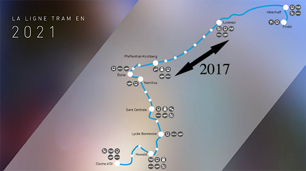 Tracé du Tram au Luxembourg en 2021 et en 2017 entre Luxexpo et le Pfaffenthal