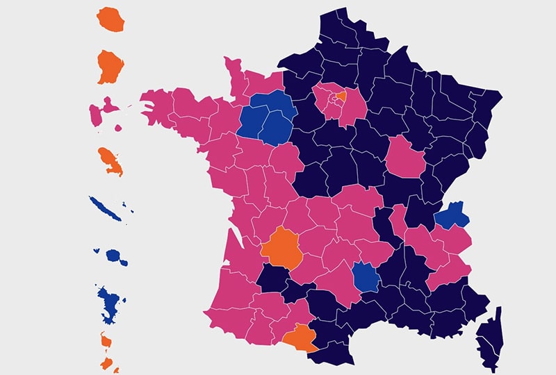 carte de France avec le détail des condidats arrivés en tête du 1er tour des élections présidentielles 2017