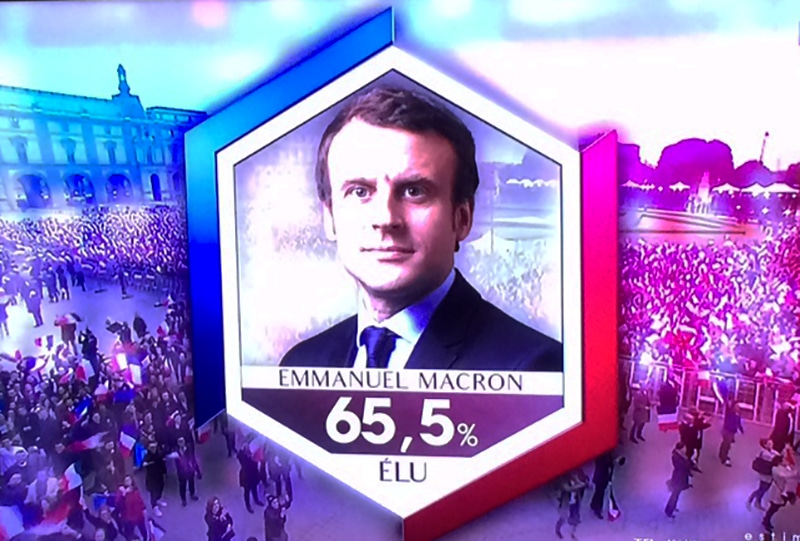 Affichage du viqueur de l'élection présidentielle française, avec Emmanuel Macron